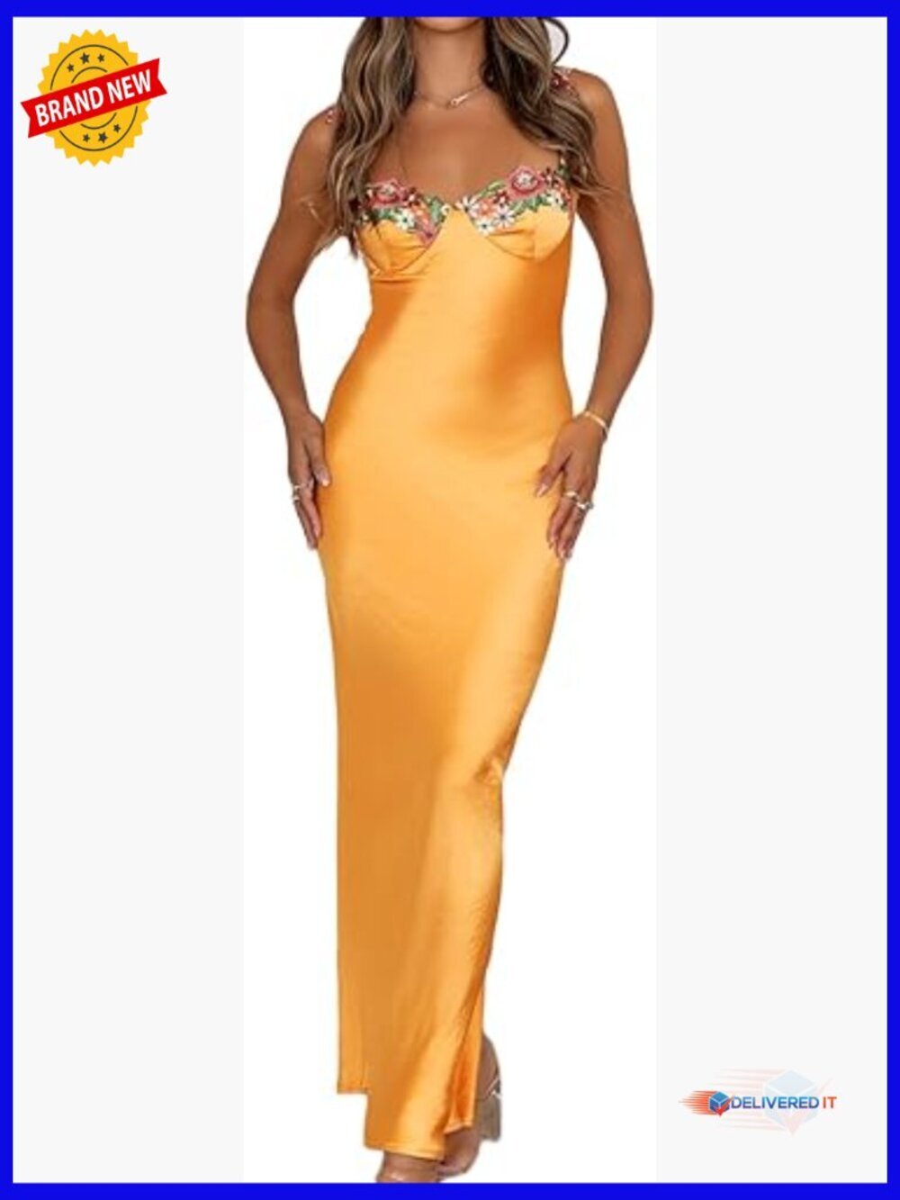 Satin Maxi Dress with Floral Embroidery, Sweetheart Neckline, Backless, Slit